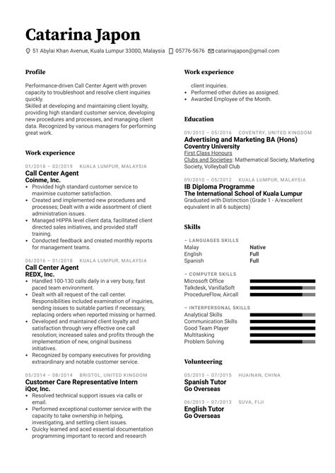 call center agent resume template kickresume