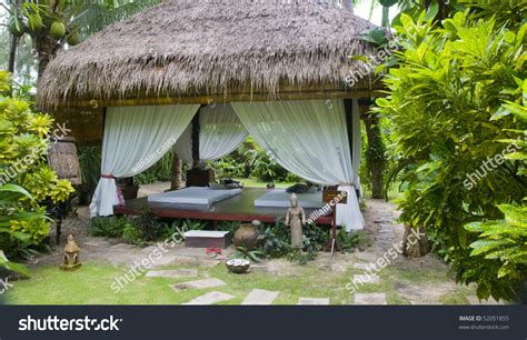 outdoor massage area  tropical health spa stock photo