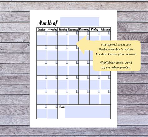 blank monthly printable calendar instant digital  etsy