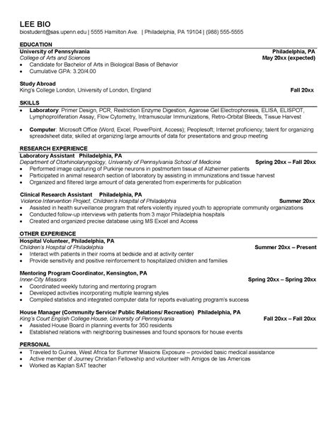 undergraduates student resume samples career services university  pennsylvania