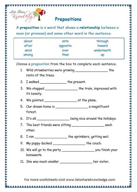 grade  grammar topic  prepositions worksheets lets share