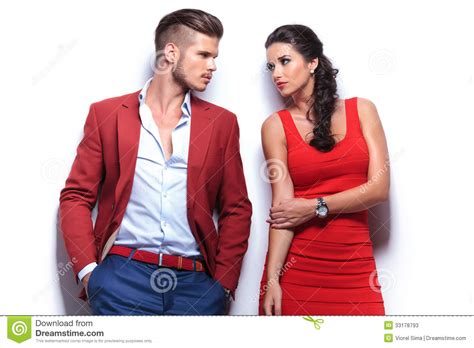 casual fashion man and woman looking at each other stock image image