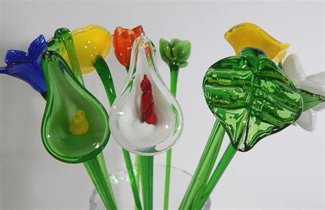 Decorative Hand Blown Glass Flower Stems And Pressed Glass Vase Ebth