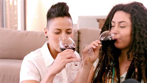 happy lesbian couple drinking wine stock footage video