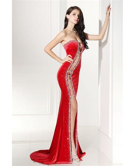 sexy cut out fitted mermaid red prom dress with slit lg0306