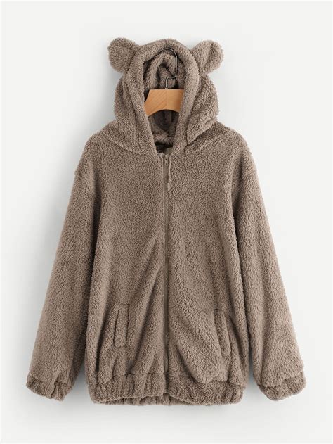 faux shearling hooded bear coat sheinsheinside