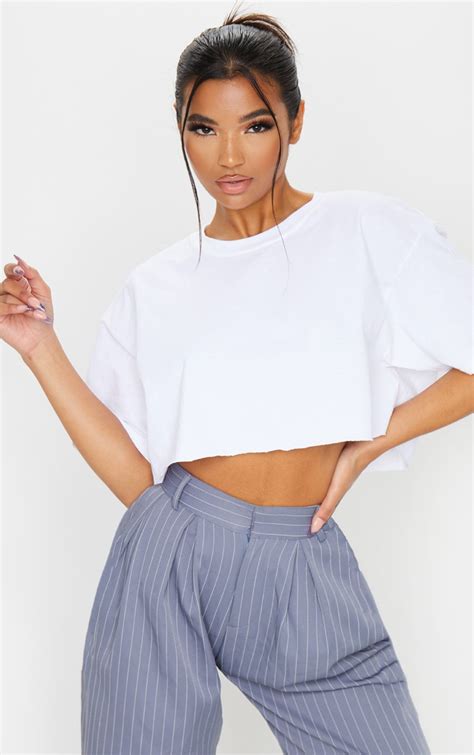 White Oversized Crop T Shirt Tops Prettylittlething Ie