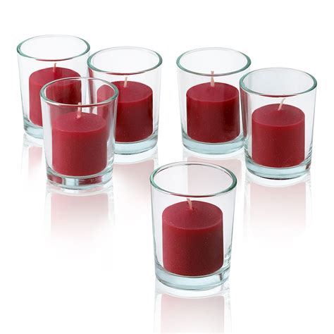 Clear Glass Round Votive Candle Holders With Red Votive Candles Burn 10