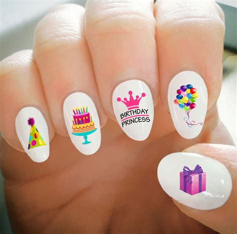 Nail Decals Happy Birthday Nail Decals Balloons Cake Party Etsy