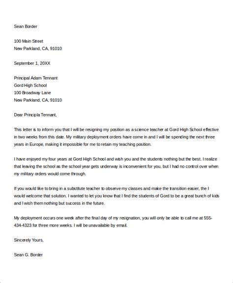 teacher resignation letter template business