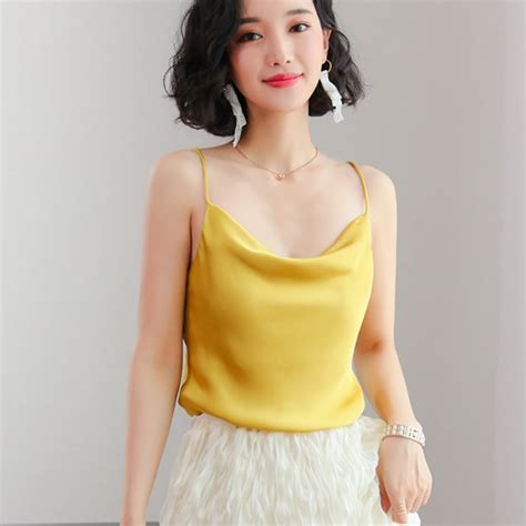 2019 simple sexy yellow satin camis women korean sexy sleeveless satin