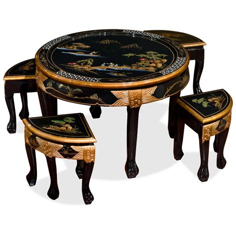 black lacquer chinoiserie  asian coffee table set