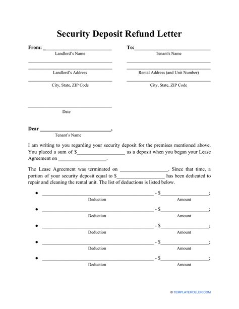 security deposit refund letter template fill  sign