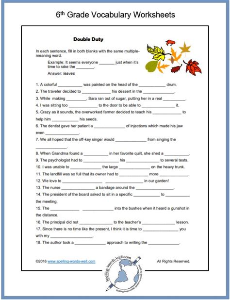 sixth grade vocabulary worksheets vocabulary worksheets  grade