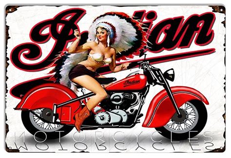 Indian Motorcycle Pin Up Girl Garage Shop Metal Sign 12×18