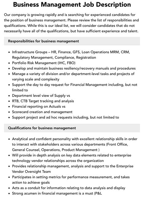 Business Management Job Description Velvet Jobs