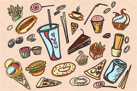colored doodle fast food illustrations creative market