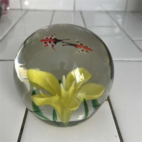 Vintage Glass Paperweight Yellow Flower Green Leaves And 2 Butterflies