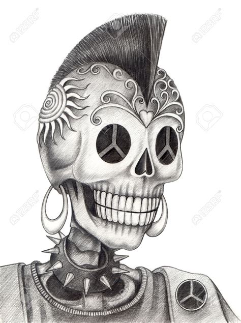 skull punkhand drawing  paper stock photo  hand pencil