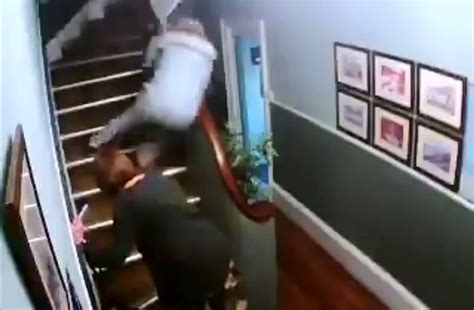 Drunk Couple Caught On Camera Falling Down Bandb Stairs With Drinks In