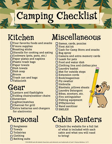 camping checklist printable templates camping checklist jellystone