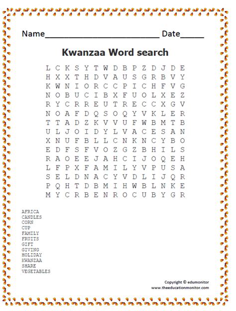 kwanzaa word search worksheet edumonitor