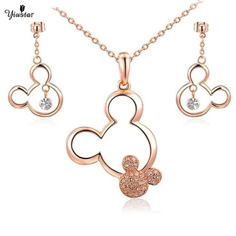 yiustar crystal mickey necklaces stud earrings sets  women mouse mickey necklaces earrings