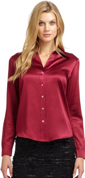 lafayette 148 new york silk satin blouse in red berry lyst