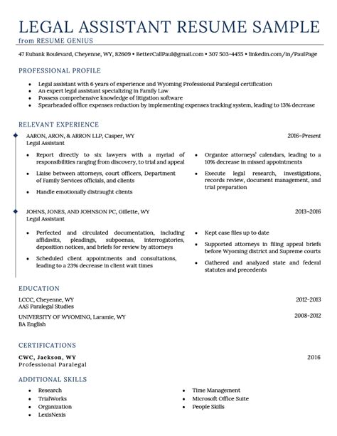 legal assistant resume   template