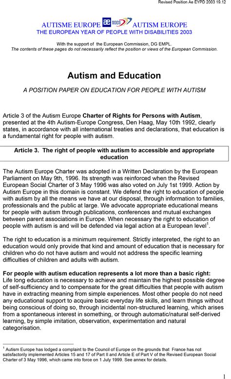 position paper autism  education autism europe