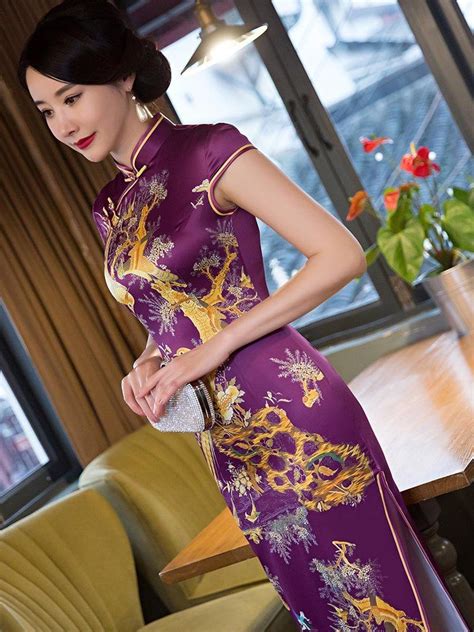 purple embroidery side split long cheongsam dress cheongsam dress