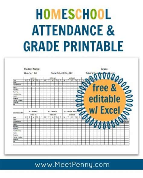 editable  excel homeschool attendance  grade printable