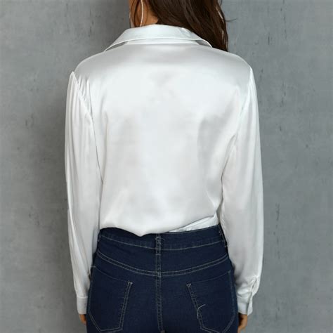 Fashion White Satin Silk Blouse Ladies Casual Long Sleeve