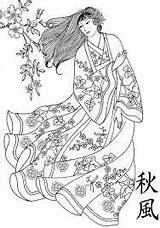 Coloring Pages Geisha Adult Japanese Traditional Adults Japan Woman Printable Japonese Dress Color Drawings Da Embroidery Patterns Sheets Book Digi sketch template