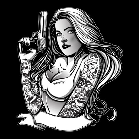 hand drawn beautiful gangsta girl with gun vector