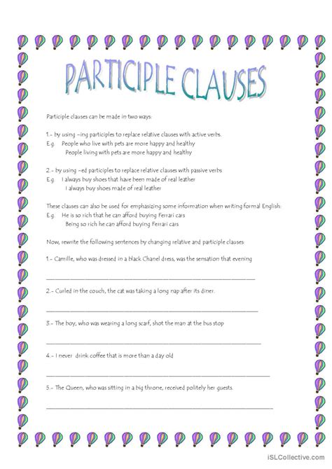participle clauses english esl worksheets