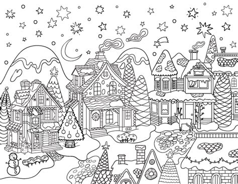 printable christmas village adult coloring page