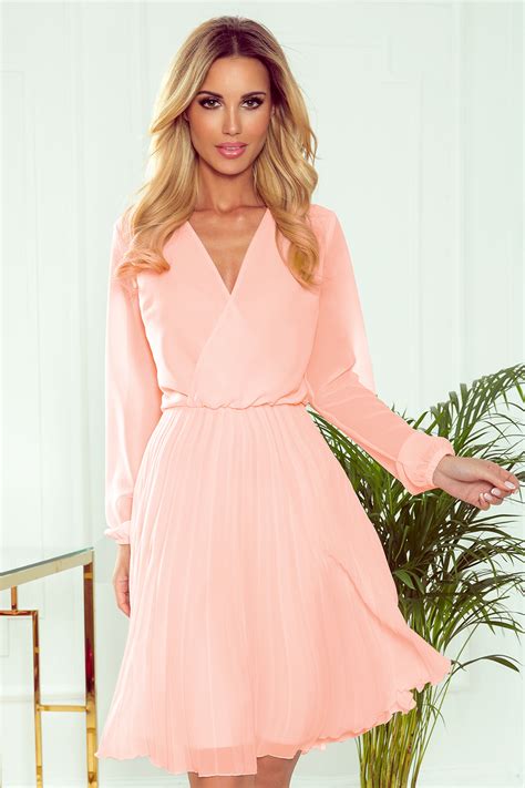 313 2 isabelle pleated dress with neckline and long sleeve peach