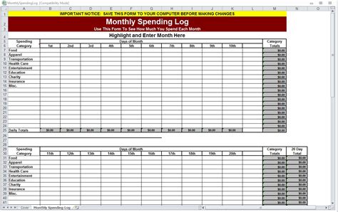 monthly spending log monthly spending worksheet