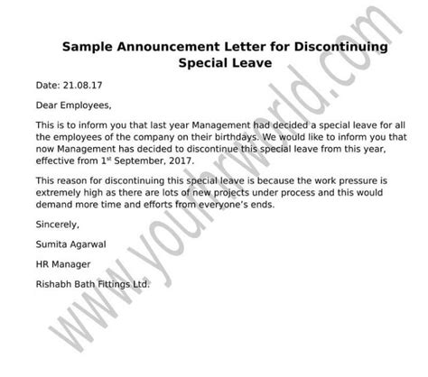 announcement letter format  discontinuing special leave
