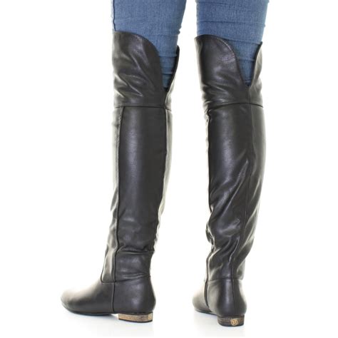 womens black leather style flat over knee thigh high pirate cuff boots