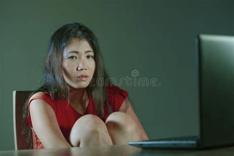 Scared Female Teenager Computer Laptop Suffering Cyberbullying Stock