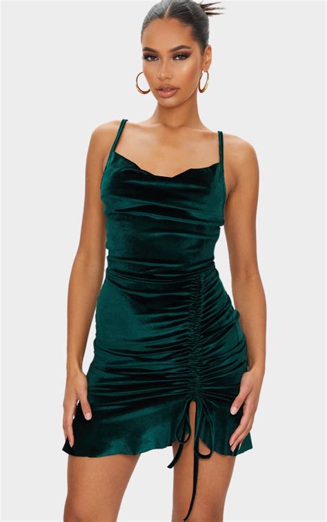emerald green velvet strappy ruched bodycon dress prettylittlething