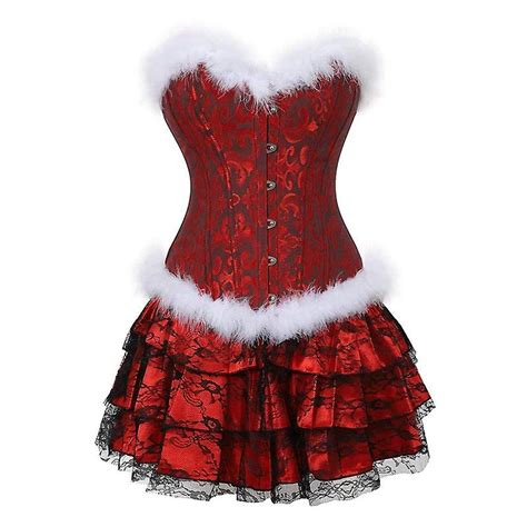 Christmas Santa Corset Dress Overbust Bustier Skirt Set Corselet