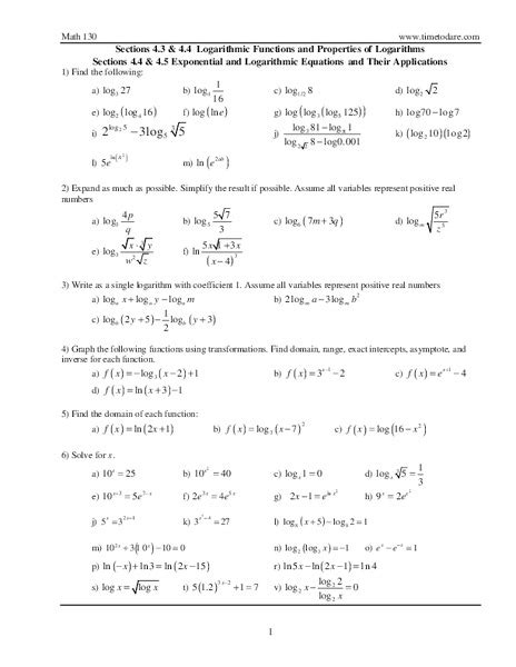 exponential  logarithmic functions worksheet    grade