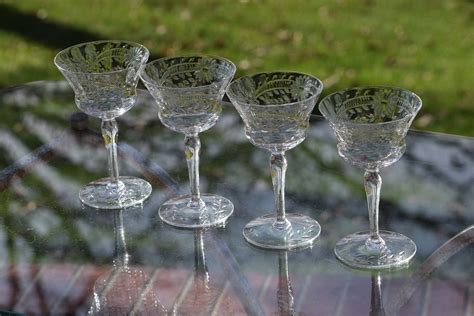 vintage etched cocktail martini glasses set of 4 1950 s