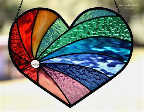 stained glass rainbow suncatcher heart shaped rainbow window etsy