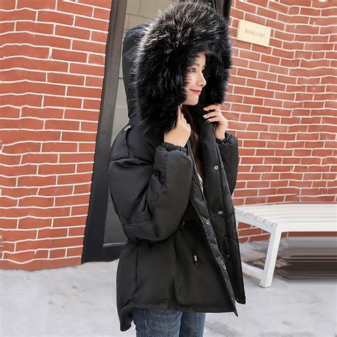 2018 Black Black Large Fur Collar Hooded Parkas Coats Women Winter Coat