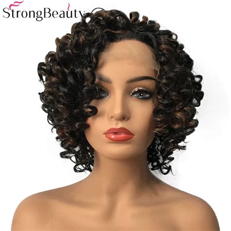 strong beauty synthetic lace front wig short curly dark brown wigs  synthetic lace wigs