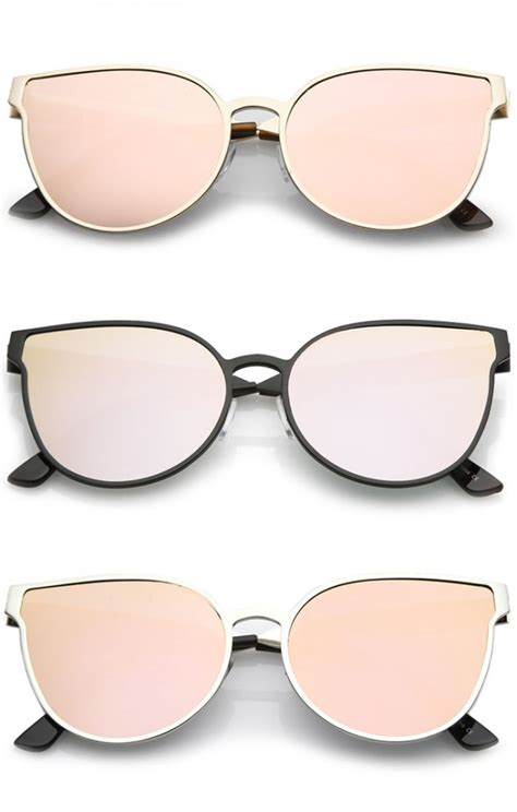 women s metal textured arm pink mirrored flat lens cat eye sunglasses 57mm